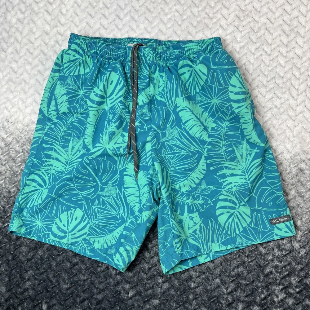 Columbia Big Dippers Water Shorts Mens M Blue Floral Leaf Print Mesh Lined Swim